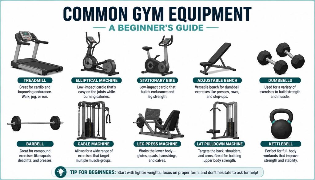 Illustration of common gym equipment for beginners
