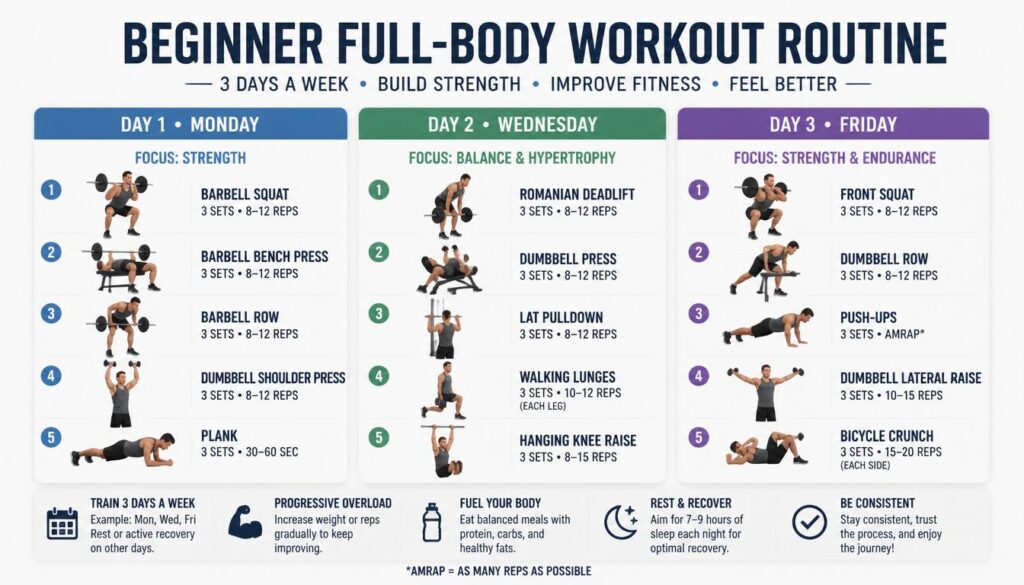 Three-day beginner full-body gym workout plan