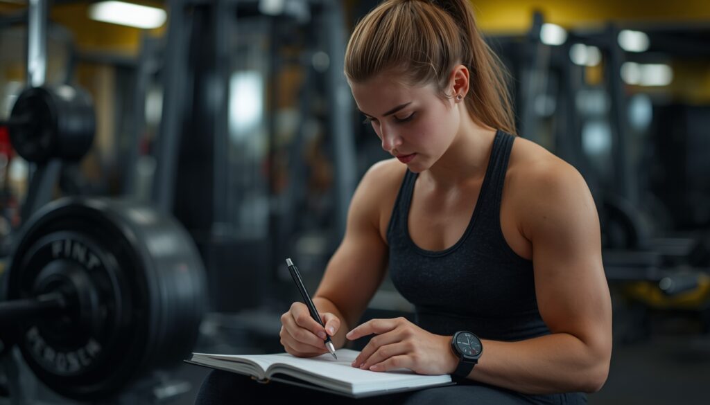 Gym beginner tracking workout progress in a fitness journal