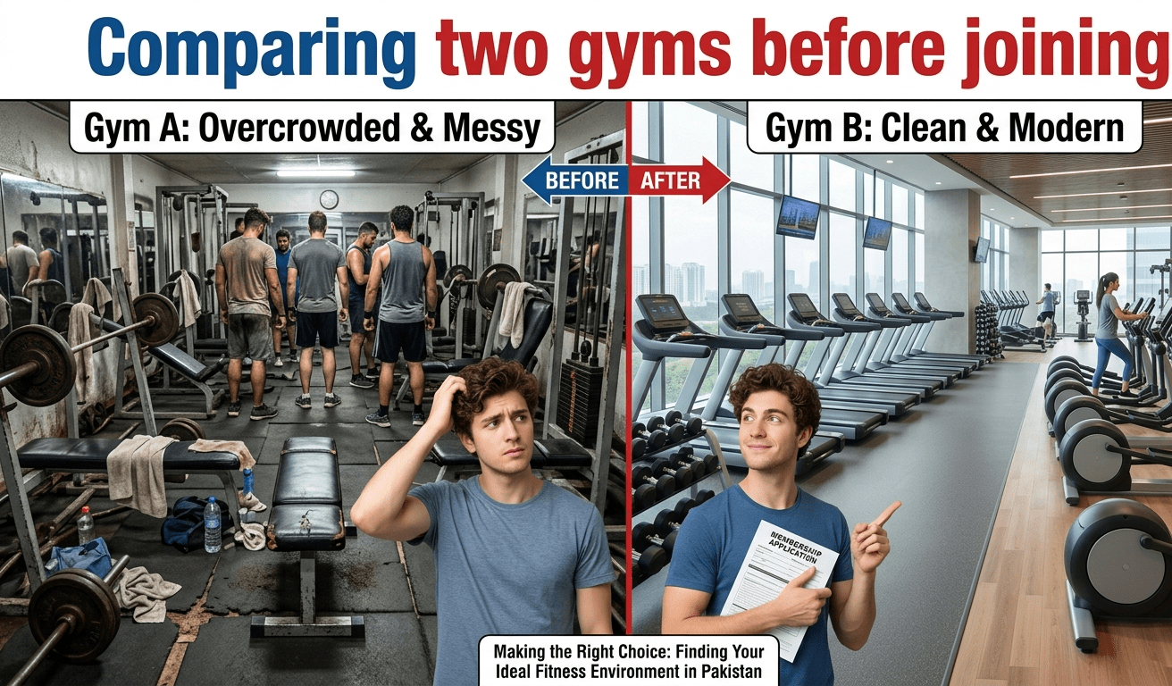 Comparison between a modern gym and an overcrowded gym in Pakistan