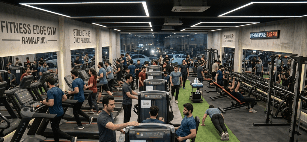 Crowded fitness gym during evening workout hours