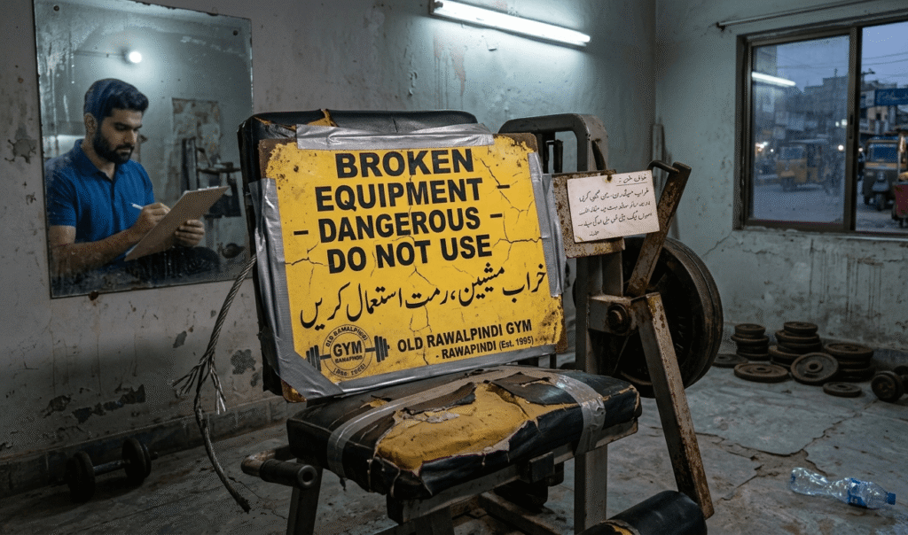 Damaged gym equipment highlighting poor maintenance