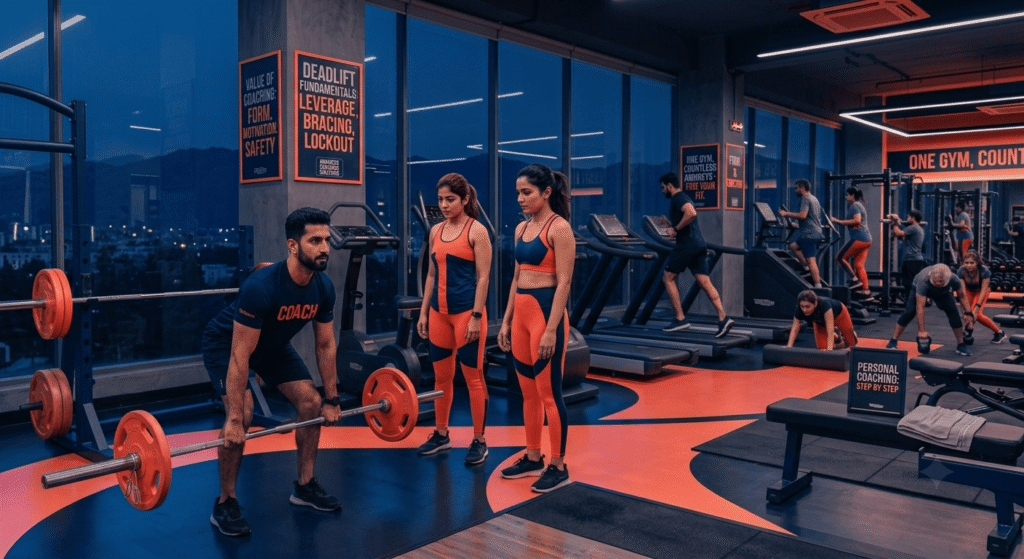 People performing cardio, strength training, and functional workouts