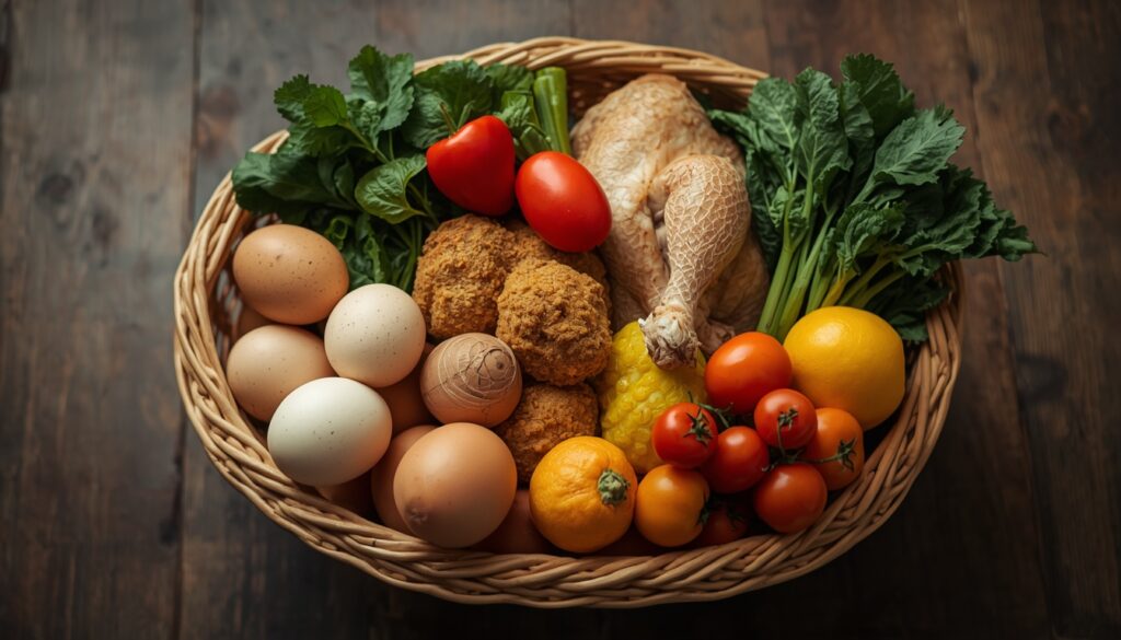 Grocery basket filled with eggs, daal, vegetables, chicken and fruit
