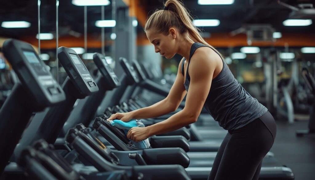 Gym member sanitizing workout equipment after exercising