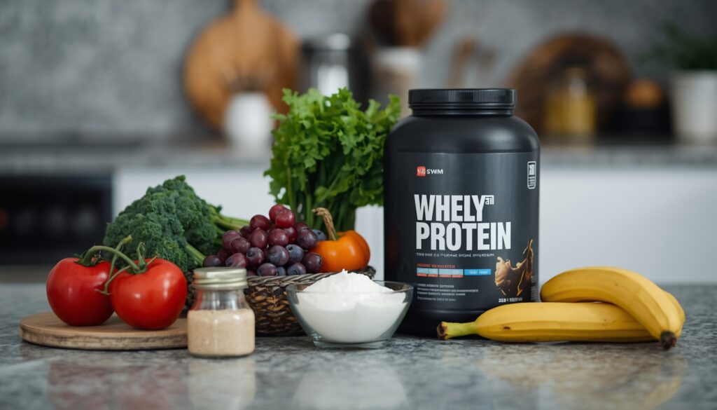 Healthy foods alongside protein powder for gym beginners