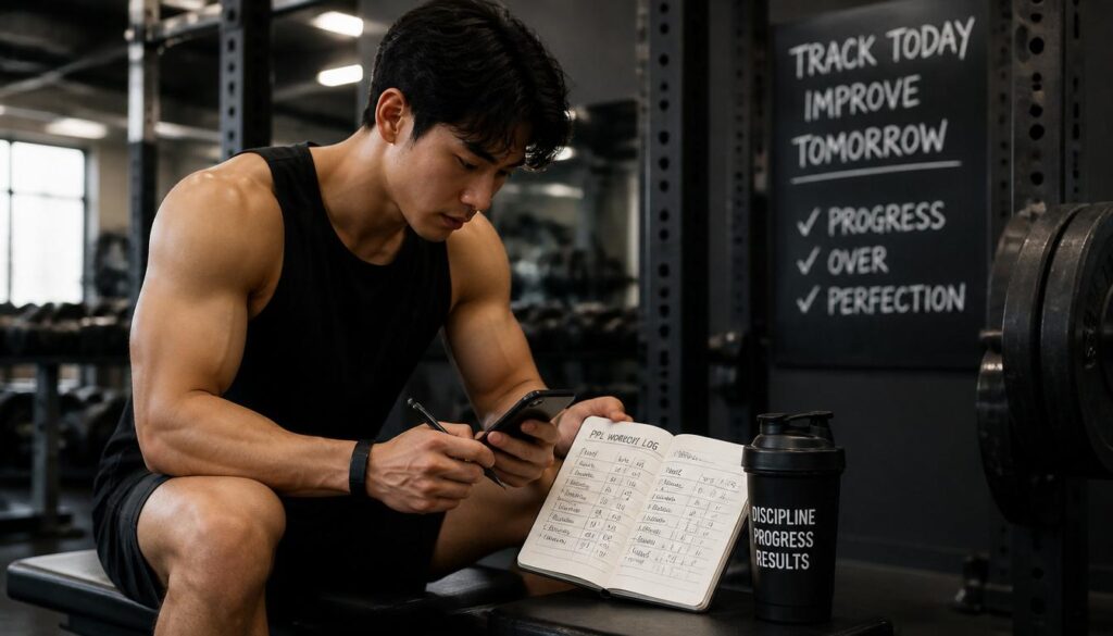 Lifter checking a workout log app or notebook