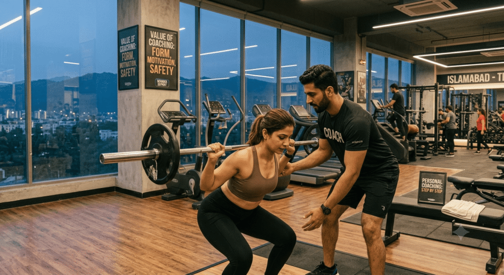Personal trainer guiding a beginner through a workout
