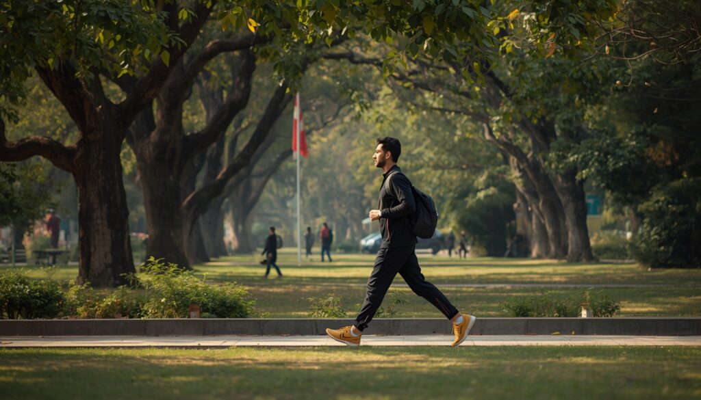 Person walking briskly outdoors in Pakistan