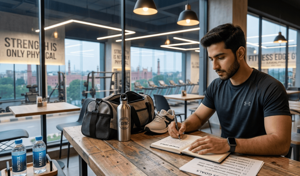Person writing fitness goals before joining a gym