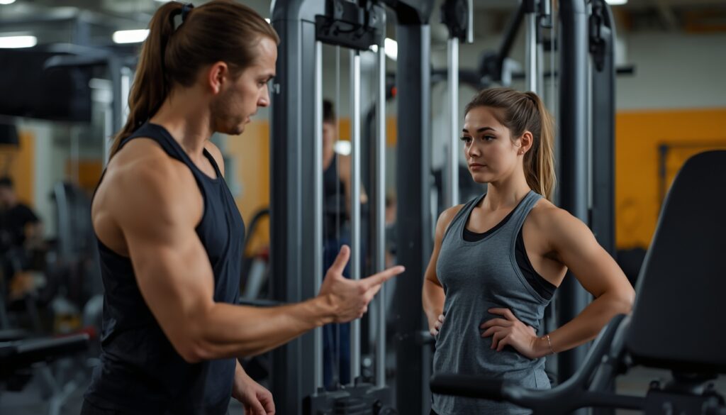 Personal trainer teaching a beginner how to use gym equipment