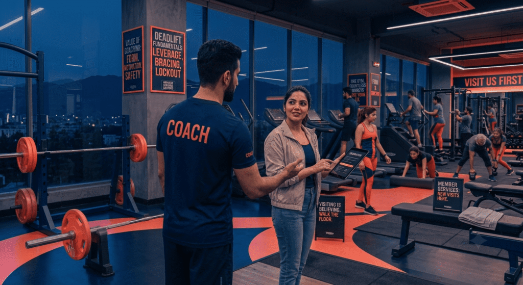 Person exploring a gym before purchasing a membership