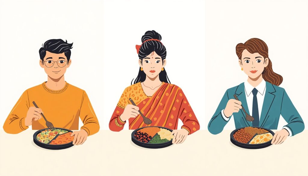 Split illustration showing a student, a housewife, and an office worker each with a portioned Pakistani meal