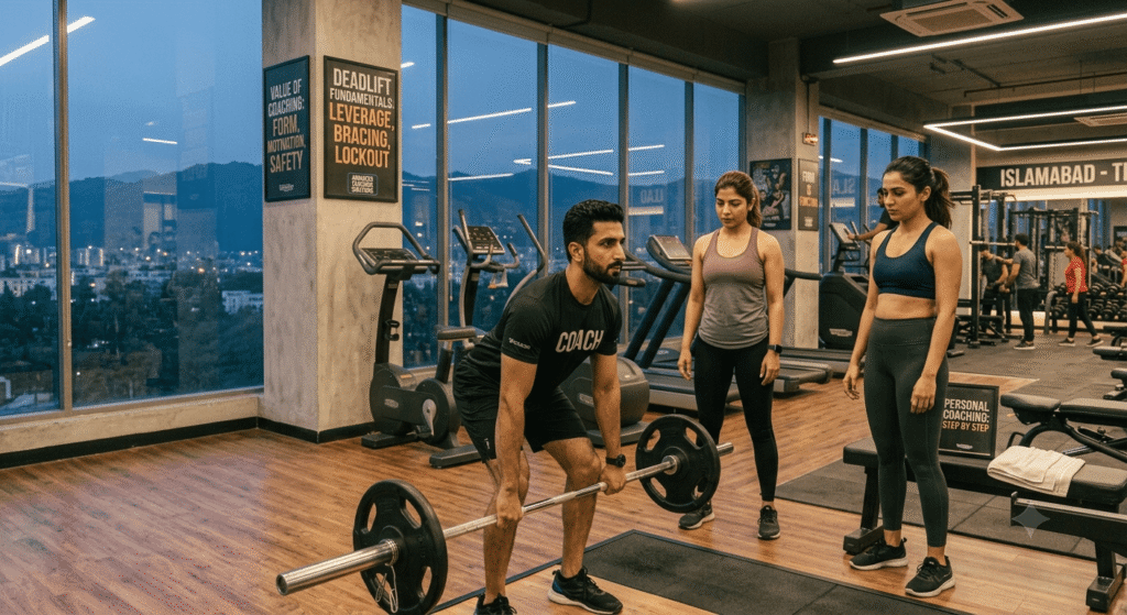 Certified fitness coach teaching deadlift technique