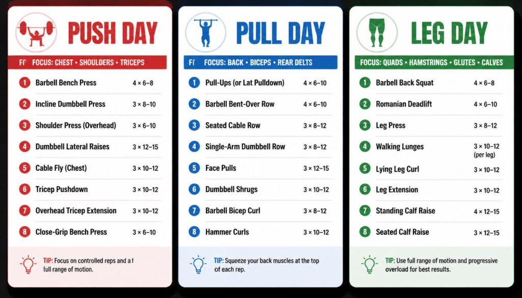 Three labeled workout cards