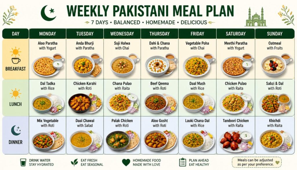 Weekly Pakistani meal plan calendar graphic showing breakfast