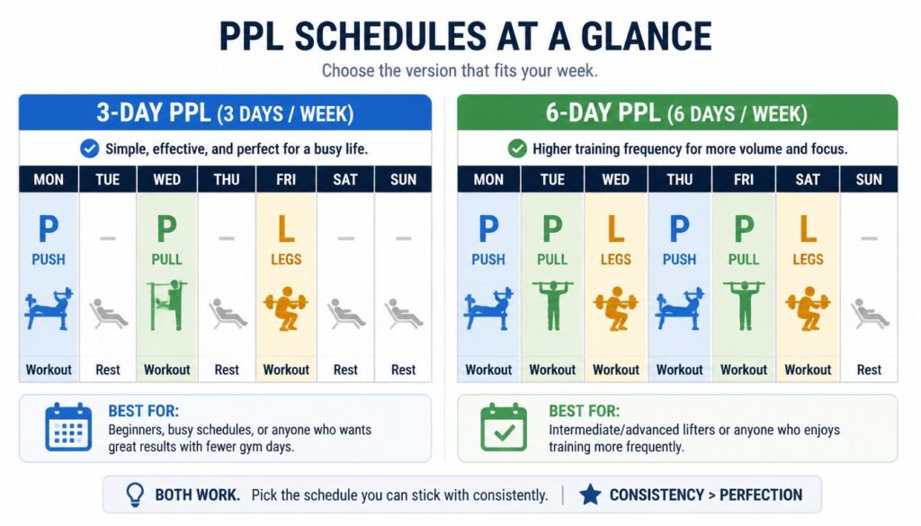 Weekly calendar graphic showing the 3-day and 6-day PPL schedules