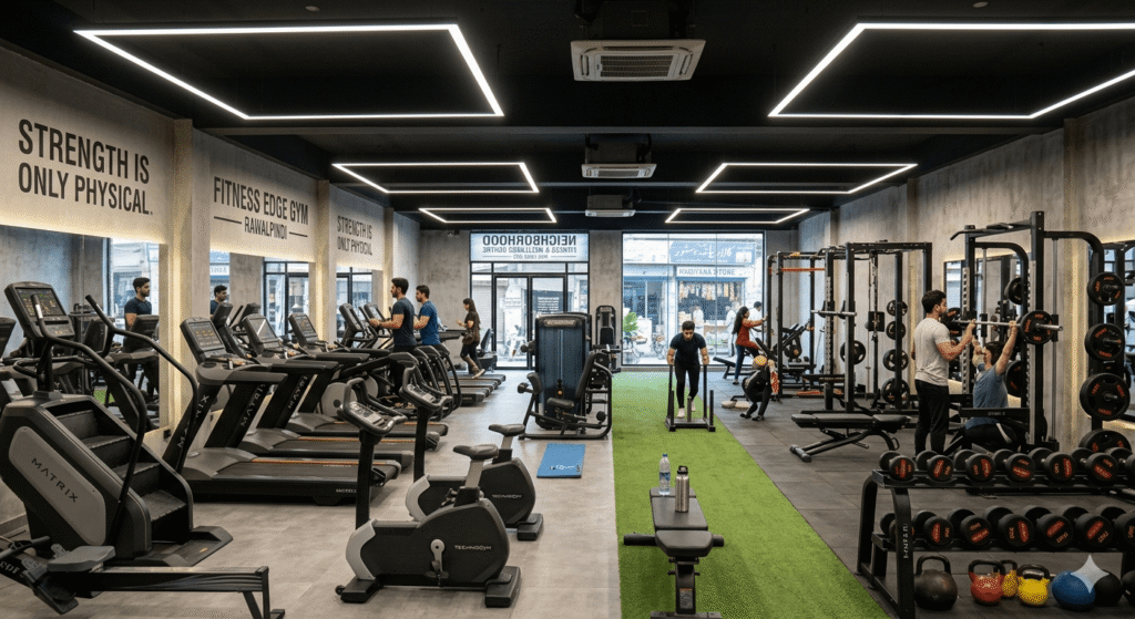 Well-equipped fitness center with cardio machines and free weights