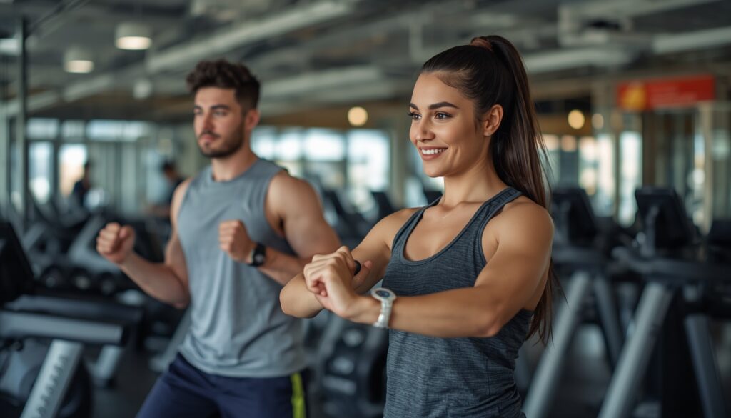 Beginners enjoying a healthy workout routine in a modern gym
