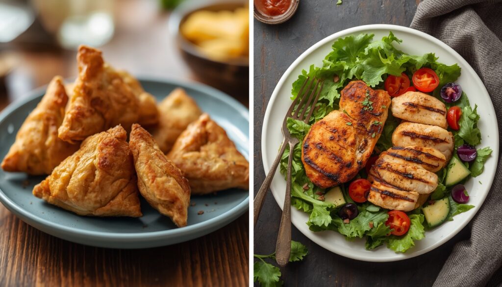 fried samosapakora vs grilled chicken and salad plate