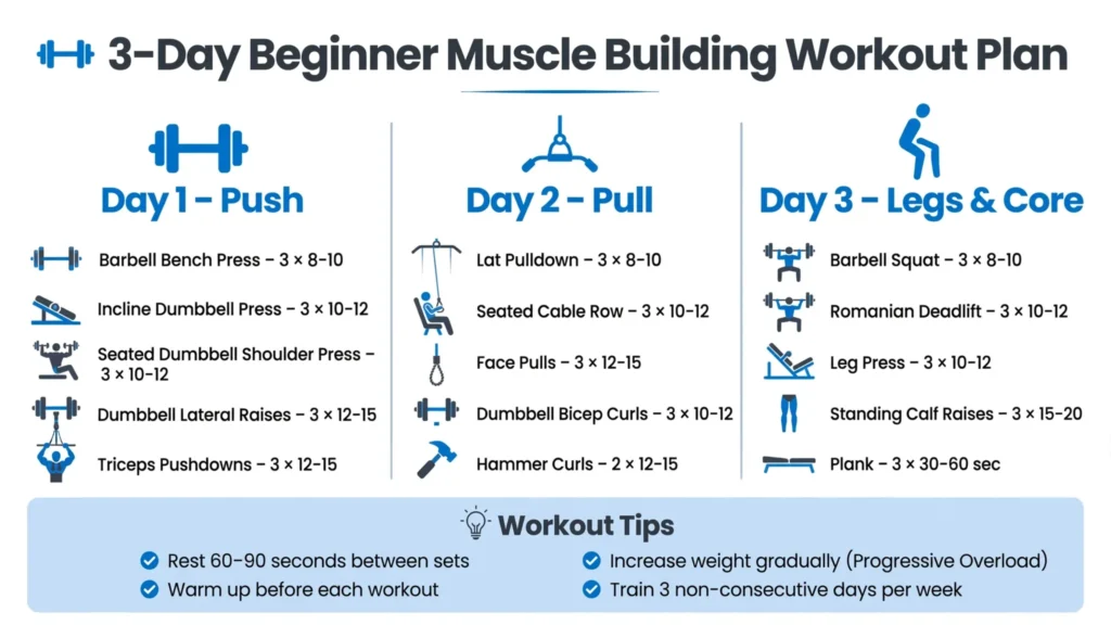 Three-day beginner muscle building workout plan