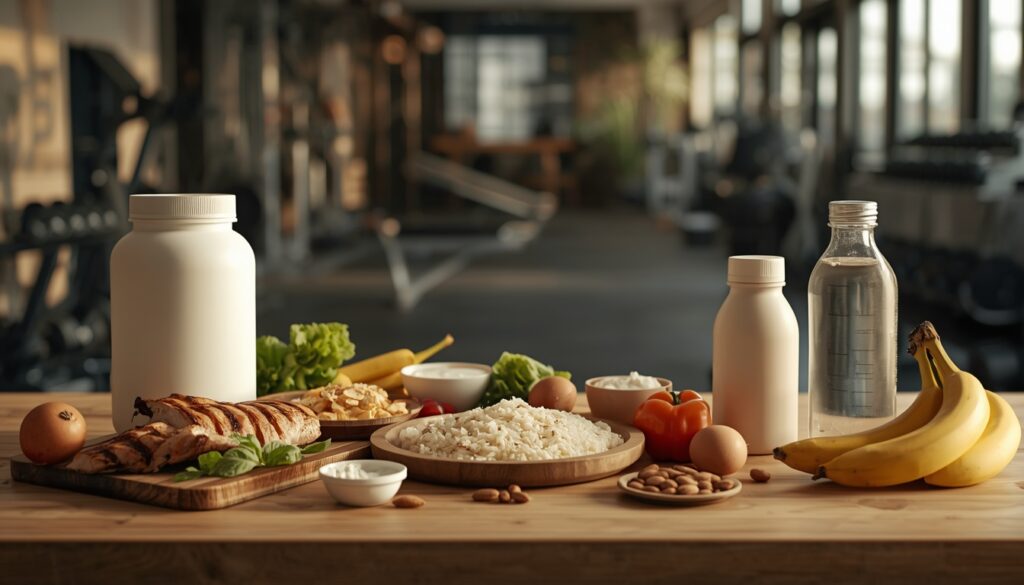 Muscle building supplements alongside healthy foods and gym equipment