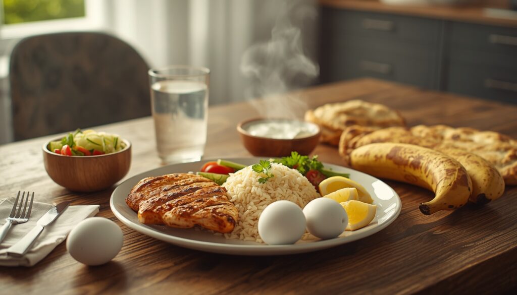 Pakistani muscle-building meal with chicken rice eggs and yogurt